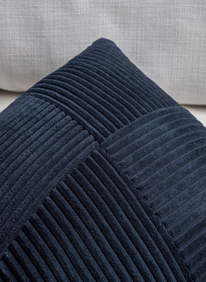 Fancy Homi طقم أغطية وسائد زينة صغيرة باللون الأزرق الداكن من فانسي هومي، عبوتان، مقاس 14×14 بوصة، مناسبة للأريكة والسرير، ديكور منزلي ريفي بوهيمي، غطاء وسادة مربع من قماش الكوردروي الناعم بنمط متقاطع، مقاس 35×35 سم - Image 3
